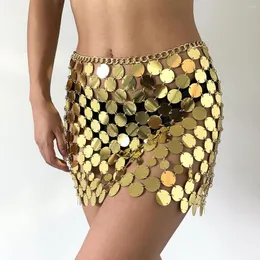 Gonne Minigonna a catena in metallo con paillettes dorate per donna Streetwear Sexy Scava fuori Party Trendy Fashion Shiny Glitter Short RS076