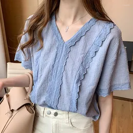 Frauen Blusen V-ausschnitt Spitze Bluse Frauen Pullover Blau Casual Shirts Chiffon Kurzarm Top 2023 Sommer Frau Kleidung Chemisier Femme