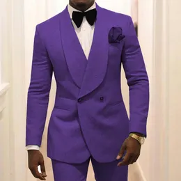 Ternos masculinos Blazers roxo Prom de peito duplo para homens 2 peças Slim Fit Floral Wedding Groomsmen Tuxedos 2023 Jaqueta de roupa de moda calça