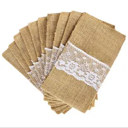 Confetti 100pcs 4 x 8 Inch Natural Burlap Utensil Holders Knifes Forks Bag Cutlery Pouch Party Bridal Shower Wedding Tableware Bags Favor