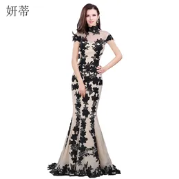 Abiti da festa Elegante abito da sera a sirena a maniche corte nero con applique Abiti da ballo in chiffon su misura Abito trasparente con immagine reale al 100% 230217