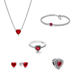 925 Sterling Silver New Fashion Women Ciondolo a forma di cuore rosso, collana, orecchini a bottone, anello da donna, gioielli fai da te, regalo di compleanno di Capodanno