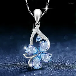Chains Style And Fashionable Sea Blue Topaz Drop-shaped Four-leaf Clover Pendant For Women Korean Version Clavicle Chain