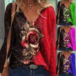 Kvinnors polos kvinnor tee skjortor långärmad v-hals blommor tryck t-shirt casual mode kvinnlig höst och vinter toppar