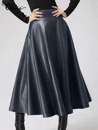 スカートの女性ロングスカートファッションレザーPUスカートセルミアソリッドオフィスレディミディスカートエレガントなハイウエストパーティースカートボトムス230217