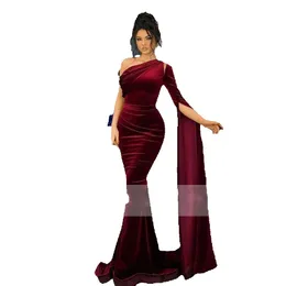 Claret Moroccan Caftan Evening Dresses One Shoulder Full Sleeve Prom Celebrity Gowns Velvet Mermaid Sweep Train