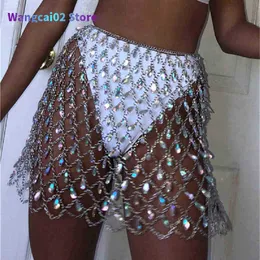 Röcke Frauen Strass Sparkle Body Chain Sexy Bikini Cover-Up für Rave Beach Dance Party Club Bunte Blau Gold Bauchtanz Rock 021723H