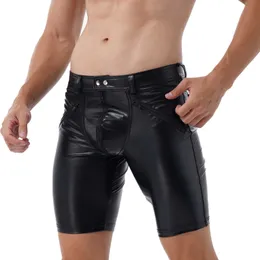 Men's Shorts Mens Leather Tight Shorts Full Zipper Front Button Snap Closure Workout Gym Middle Pants for Sports Workout Running Fitness Z0216