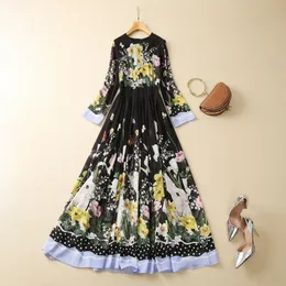 2023 Spring Black Floral Rabbit Print Table Szyfonowa sukienka 4/5 Długie rękaw do okrągłej szyi Midi Sukienki S3F131624 Plus Size xxl