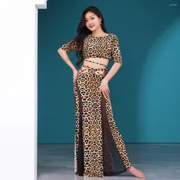 Scene Wear Leopard tryckt Belly Dance Training Clothing Stretch Class Bellydance Costume 2st Crop Top Long Kjol Sexig Mesh Outfit