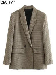 Kvinnors kostymer blazrar zevity kvinnor vintage dubbel breasted hackad krage pläd blazer kappa femme långärm klafffickor ytterkläder chic veste ct2556 230217