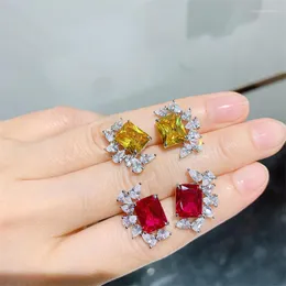 Stud Küpe Qluxury Dişi Kristal Kırmızı Sarı Zirkon Vintage Düğün Kadınlar için Gümüş Renk Takı