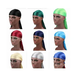 Bandanas Durag Fashion Mens Satin Durags Bandana Turban Wigs 17 Colors Men Silky Headwear Headband Pirate Hat Hair Accessories Dro Dhnx9