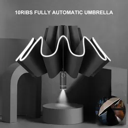 Зонтики Полностью автоматический зонтик со светодиодным фонариком ветропроницаемой отражательной полосы реверса