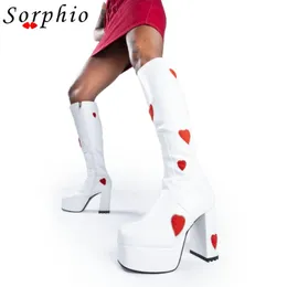 하트 하이 부츠 힐 무릎 여성 플랫폼 zip 브랜드 디자인 달콤한 겨울 패션 스타일 스타일 신발 여자