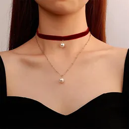 Choker Korean Fashion Pearl Necklace France Classic Cute Velvet Double Layer Chain Pendant For Women Jewel Girl Gift