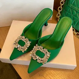 드레스 슈즈 LIYKE 섹시한 뾰족한 발가락 스틸레토 하이힐 슬리퍼 샌들 패션 크리스탈 버클 디자인 슬립 온 펌프 여자 신발 녹색 L230216