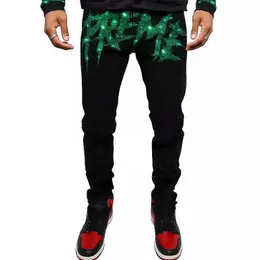 Män jeans herrar stretchy rippade mager hip hop slim hål svarta byxor punk brev strass streetwear män denim penna byxor 230216