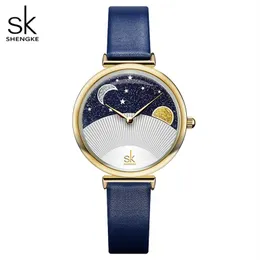 Shengke Women Fashion Blue Quartz Watch Lady Lady Leather Watch -полоса высококачественные повседневные водонепроницаемые наручные часы для жены с Box2420
