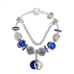 Blue Charm Moon e Star Pinging Bracelets para Pandora 925 Silver Plated Party Jewelry for Women Girlfriend Gift Snake Chain Charms Bracelet Set com caixa original