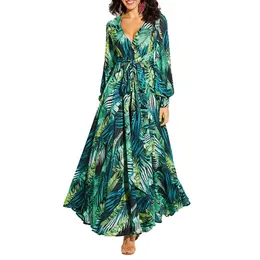 Casual Dresses Aecu Vestido Floral Print Boho Maxi Sexig Lady Bohemian Autumn Long Women Beach Kvinnliga Robes Party Dresses 230217