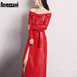 الفساتين غير الرسمية Nerazzurri Spring Autumn Maxi Dresses for Women Slash Neck Red Black Pu Leather Dress Women Long Sleeve Runway Alegant Dress Z0216