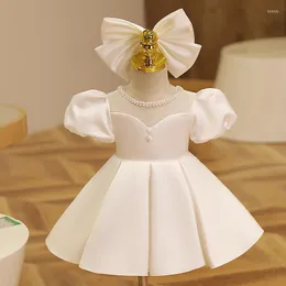 Mädchen Kleider Baby Weiß Taufe Taufkleid Säugling Perlen Große Schleife Puffärmel Ballkleid Geboren Geburtstag Party Kuchen Kostüm