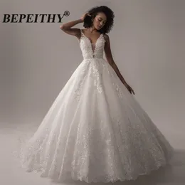 Party Dresses BEPEITHY Deep V Neck Lace Wedding Dress ForWomen Princess Bridal Court Train Sleeveless Indian Ivory Wedding Bouquet Dress 230217