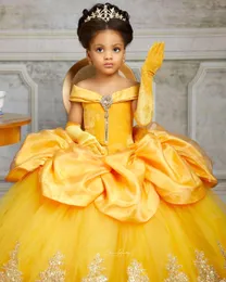 Żółte koronkowe kryształy dziewczyny suknie dla dziewcząt Batau Balll suknia Little Flower Girl Wedding