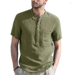 Men's Casual Shirts LUCLESAM Men's Stand Collar Linen Shirt Breathable Short Sleeved Summer Cotton T-shirts For Men