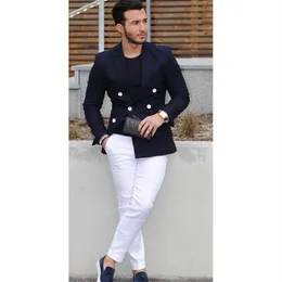 2017 Navy Blue Double-breasted Men Suit Casual Blazer suit man Tuxedo Custom Jacket Style men 2pcs jacket white pants262a