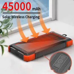 Power Power Power Banks Solar Power Bank الشحن اللاسلكي 45000 مللي أمبير في الساعة شاحن محمول في الهواء الطلق بطارية خارجية SOS مع مصباح يدوي لـ iPhone MI J230217