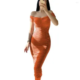 Party Dresses Chic Summer Off Shoulder Pleated Pencil Midi Dress Stretchy Sexy Lady Ruched Skinny Bodycon Long Streetwear