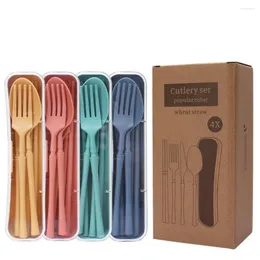 Set di stoviglie Set di stoviglie riutilizzabili Viaggio portatile Paglia di grano Coltello Forchetta Cucchiaio Bacchette Posate con scatola di immagazzinaggio Cucina