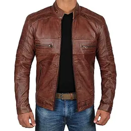 Jackets masculinos de couro marrom masculino Motocicleta angustiada de cascalho real 230217