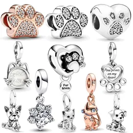 925 Sterling Silver New Fashion Women Charm Pärlor hänge, 925 kattformade silverpärlor, rosa guld, hundfärg, kompatibel med det ursprungliga armbandet, handgjorda smycken