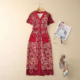 2023 Spring Red Floral Lace Sukienka z krótkim rękawem V Duber Pockets Sukienki jednorazowe S3F131622 Plus Size xxl
