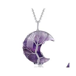 Anhänger Halsketten Mond Draht umwickelt Naturstein Baum des Lebens Heilung Chakra Kristall Amethyst Rosenquarz Halskette Drop Lieferung Je Dhg2O