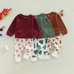 Pyjama 1011 Lioraitiin 024m geborener Baby Jungen Mädchen Weihnachtskleidung 2pcs Set Waffel Langarm Pullover Baumdruck Pant 230217