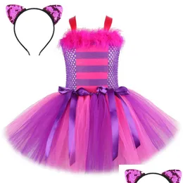 فساتين الفتاة Cheshireee Cat Tutu Dress for Girls Awalween Costumes Kids Animal with Beadband Princess Girl Birthday Formits Deh1jm