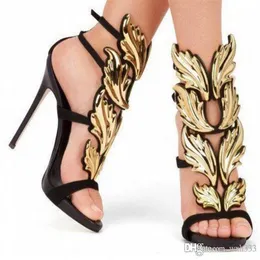 Brand zomer nieuwe designer dames mode goedkoop goud zilveren rood blad hoge hak peep teen jurk sandalen schoenen pompen dames298a