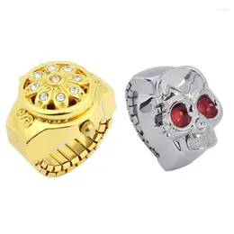 Titta på reparationssatser 2 PCS Kvinnor Finger Ring Klocka: 1 Red Eyes Skull Design Stretchy Band Quartz Round Dial Crystal Flower Dec