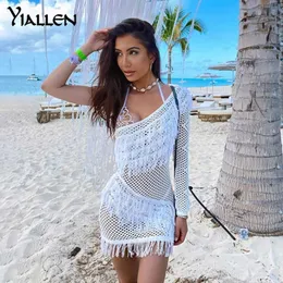 فساتين غير رسمية Yiallen الخريف أزياء جديدة مثير رؤية من خلال واحد الكتف شرابة البثاء Mini Dress Women Y2K Streetwear Beach Club Dress Z0216