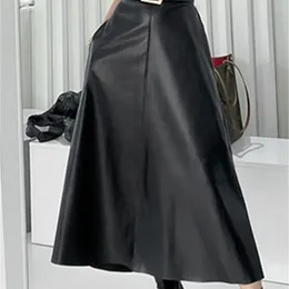 التنانير seoulish كلاسيكية سوداء فو تنانير الجلدية الطويلة مع مرحلة عالية من المظلة المظلة الخصر السيدات أنثى الخريف شتاء 230217