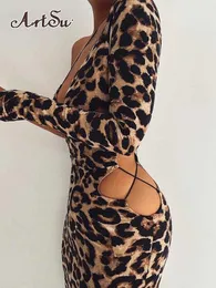 Casual Dresses Artsu Sexy Bandage Cut Out Leopard Print Midi Kleid Outfits Frauen Party Club Herbst Langarm Kleider Bodycon Kleidung Z0216