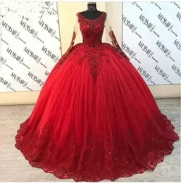 2023 Vintage puffy bollklänning quinceanera klänningar långärmad röd tyll pärlspets söt 16 mexikansk festklänning Askepott bollklänningar bc11332 e0217