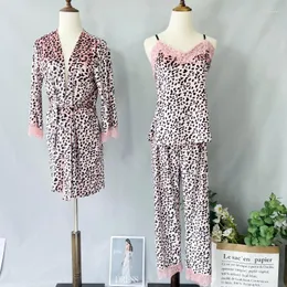 Women's Sleepwear Pajamas Suit Sleep Set Nightwear Lace Home Clothing Intimate Lingerie Casual Sexy Leopard Long Sleeve Velour 3PC Pink