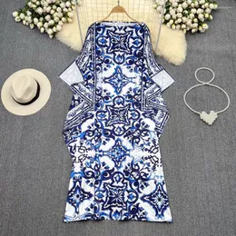 Vestidos casuais pista de verão vestido maxi solto manga feminina manga azul e branca porcelana estampa de flor Bohemian Long Robe feminina