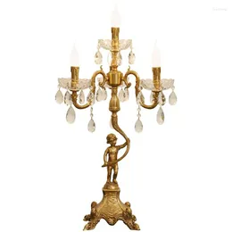 طاولة مصابيح Art Deco Copper Dining Room Crystal Lamp Abajur Angel LED Candle Holder Wedding Candlestick Living Desken