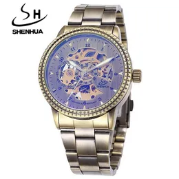 Zegarek shenhua mężczyźni automatyczny wiatr mechaniczne zegarki mody szkielet vintage Masculino Uhren
